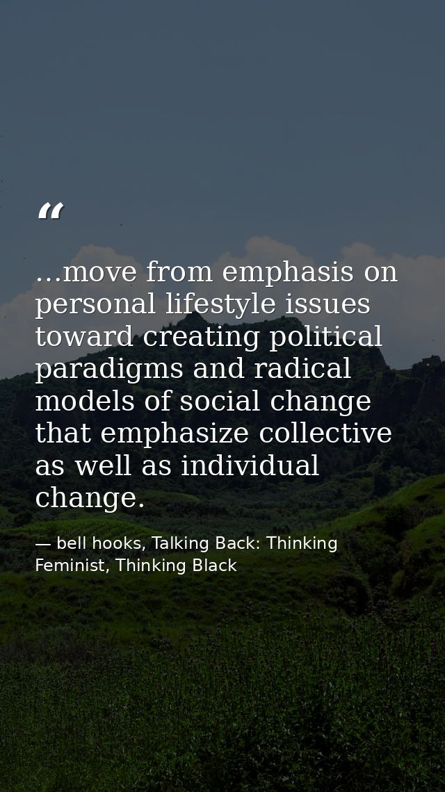 …move from emphasis on personal lifestyle issues toward creating political paradigms and radical models of social change — bell hooks, Talking Back: Thinking Feminist, Thinking Black