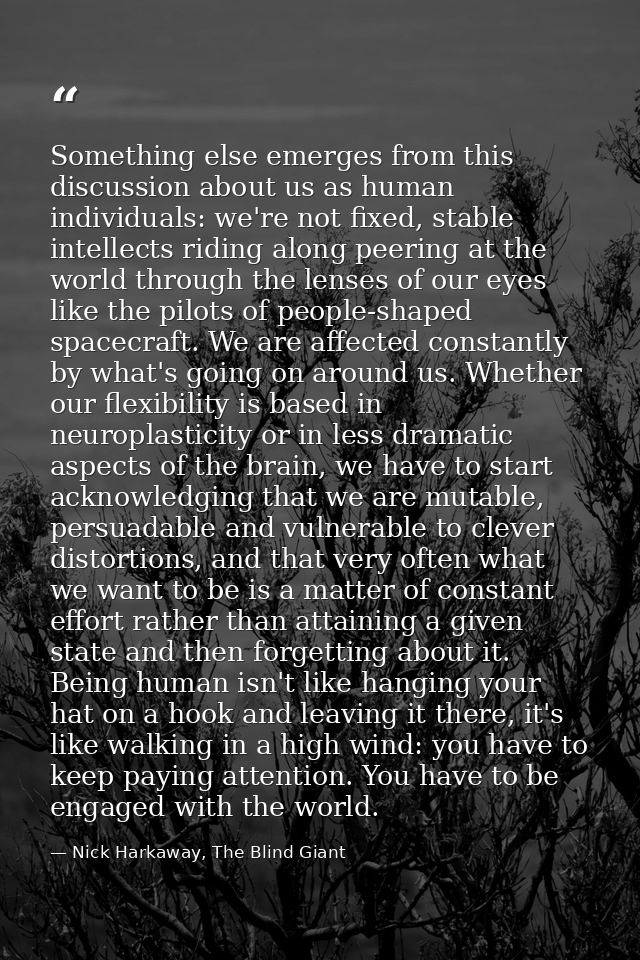 Something else emerges from this discussion about us as human individuals: we're not fixed, stable intellects riding alo — Nick Harkaway, The Blind Giant