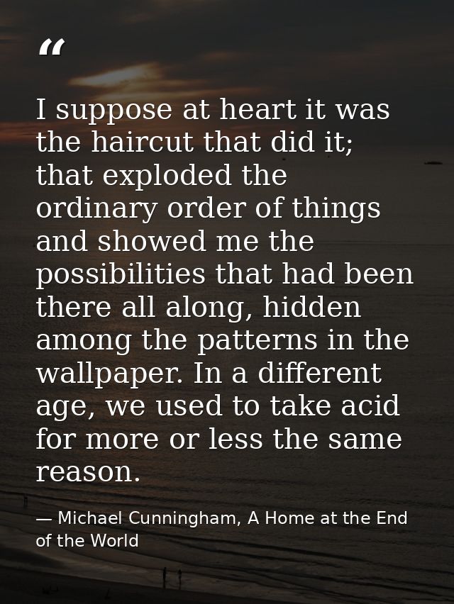 I suppose at heart it was the haircut that did it; that exploded the ordinary order of things and showed me the possibil — Michael Cunningham, A Home at the End of the World