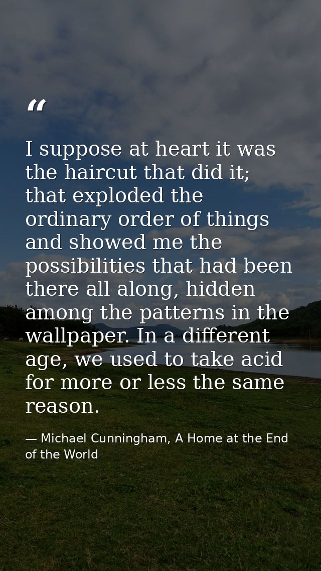 I suppose at heart it was the haircut that did it; that exploded the ordinary order of things and showed me the possibil — Michael Cunningham, A Home at the End of the World