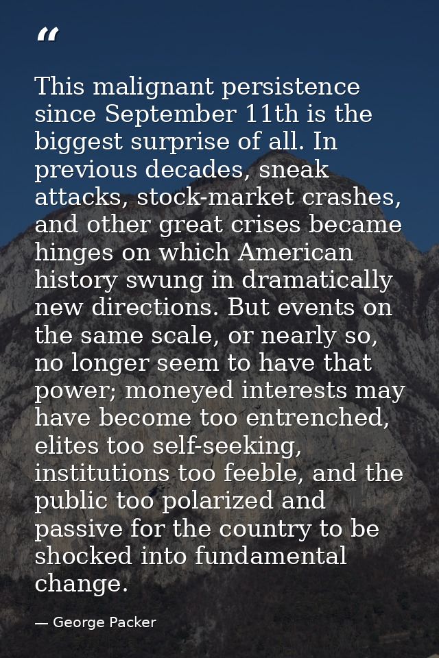 This malignant persistence since September 11th is the biggest surprise of all. In previous decades, sneak attacks, stoc — George Packer
