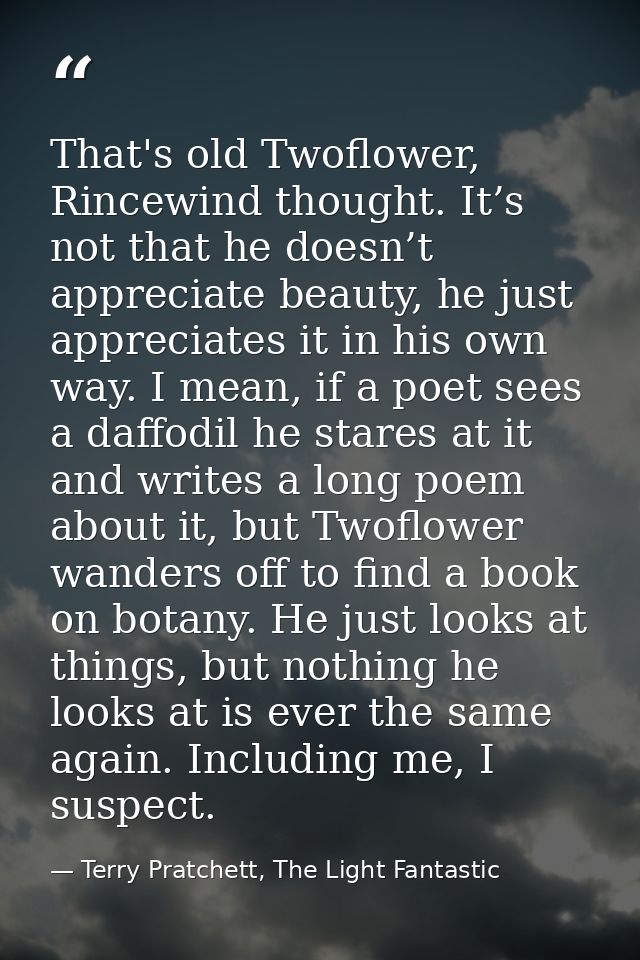 That's old Twoflower, Rincewind thought. It’s not that he doesn’t appreciate beauty, he just appreciates it in his own w — Terry Pratchett, The Light Fantastic