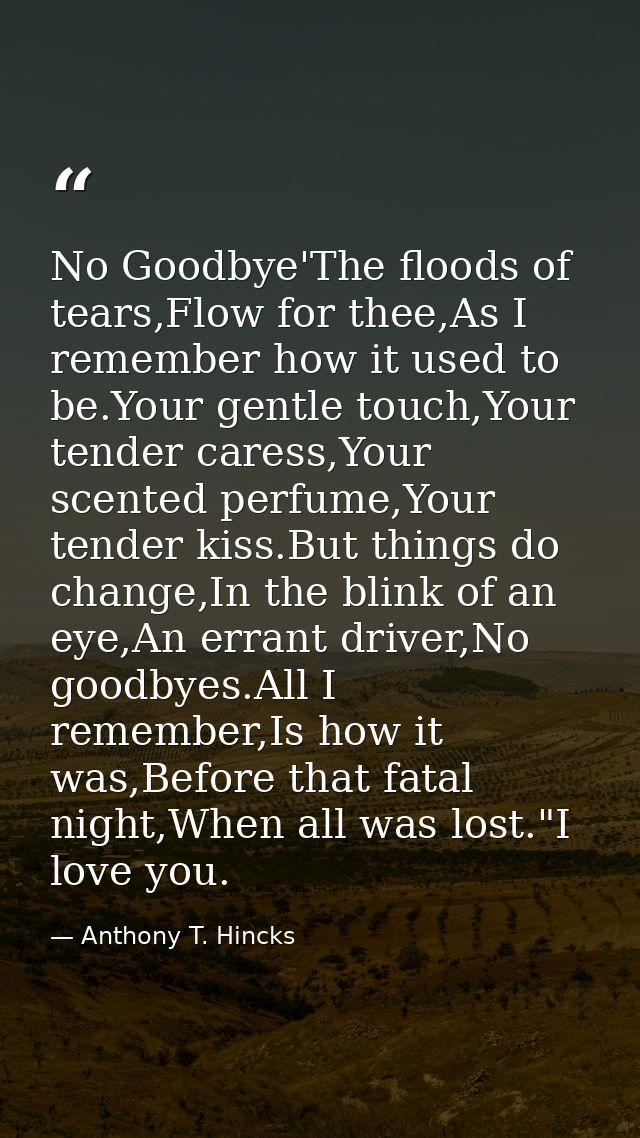 No Goodbye'The floods of tears,Flow for thee,As I remember how it used to be.Your gentle touch,Your tender caress,Your s — Anthony T. Hincks