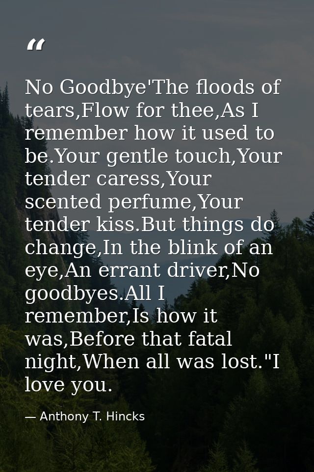 No Goodbye'The floods of tears,Flow for thee,As I remember how it used to be.Your gentle touch,Your tender caress,Your s — Anthony T. Hincks