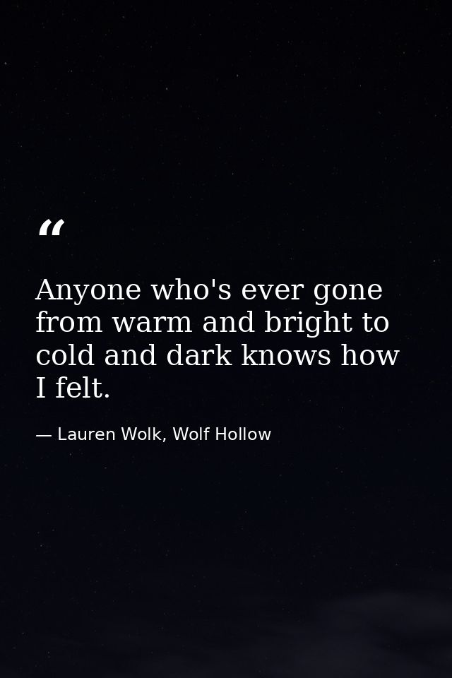 Anyone who's ever gone from warm and bright to cold and dark knows how I felt. — Lauren Wolk, Wolf Hollow