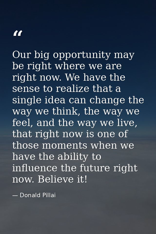 Our big opportunity may be right where we are right now. We have the sense to realize that a single idea can change the  — Donald Pillai