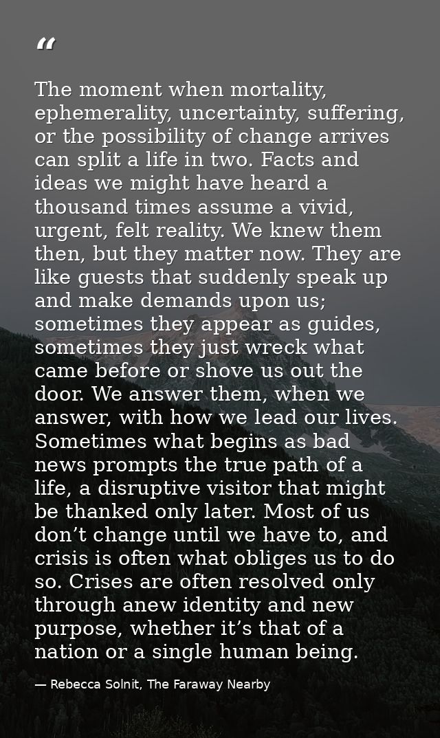 The moment when mortality, ephemerality, uncertainty, suffering, or the possibility of change arrives can split a life i — Rebecca Solnit, The Faraway Nearby