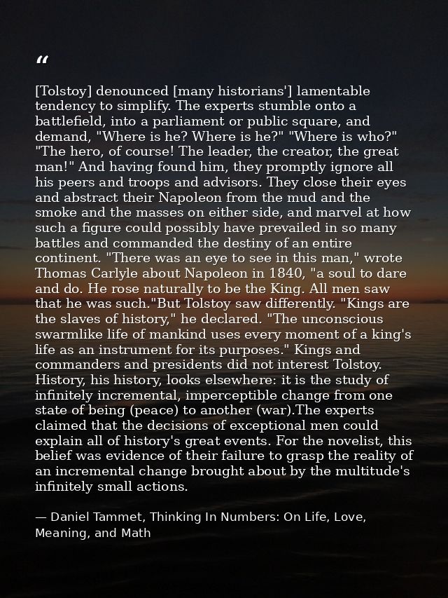 [Tolstoy] denounced [many historians'] lamentable tendency to simplify. The experts stumble onto a battlefield, into a p — Daniel Tammet, Thinking In Numbers: On Life, Love, Meaning, and Math