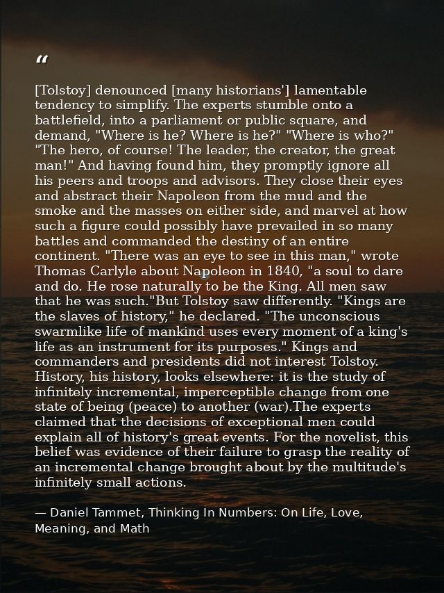 [Tolstoy] denounced [many historians'] lamentable tendency to simplify. The experts stumble onto a battlefield, into a p — Daniel Tammet, Thinking In Numbers: On Life, Love, Meaning, and Math