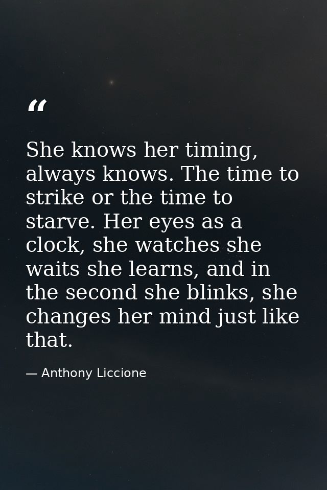 She knows her timing, always knows. The time to strike or the time to starve. Her eyes as a clock, she watches she waits — Anthony Liccione