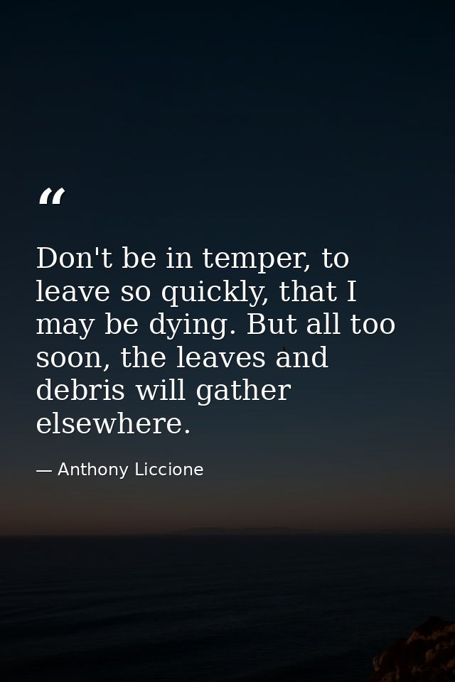 Don't be in temper, to leave so quickly, that I may be dying. But all too soon, the leaves and debris will gather elsewh — Anthony Liccione