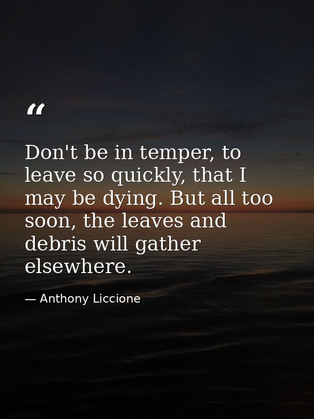 Don't be in temper, to leave so quickly, that I may be dying. But all too soon, the leaves and debris will gather elsewh — Anthony Liccione