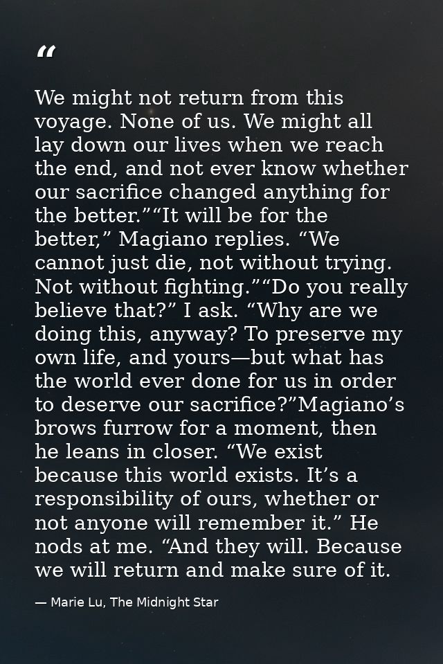 We might not return from this voyage. None of us. We might all lay down our lives when we reach the end, and not ever kn — Marie Lu, The Midnight Star