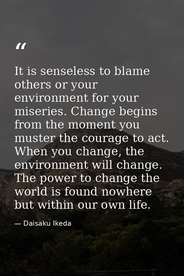 It is senseless to blame others or your environment for your miseries. Change begins from the moment you muster the cour — Daisaku Ikeda