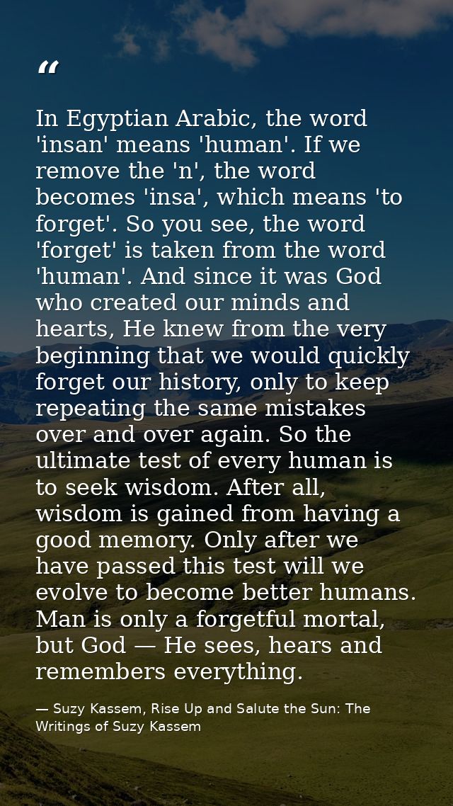 In Egyptian Arabic, the word 'insan' means 'human'. If we remove the 'n', the word becomes 'insa', which means 'to forge — Suzy Kassem, Rise Up and Salute the Sun: The Writings of Suzy Kassem