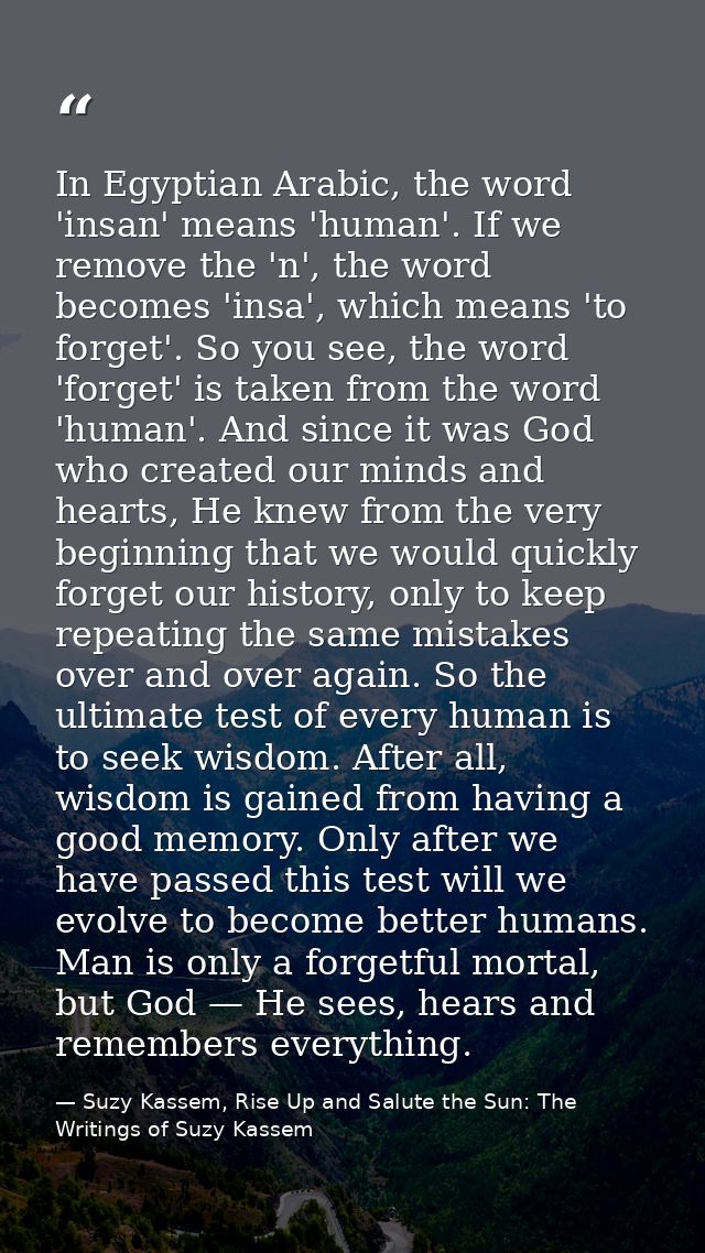 In Egyptian Arabic, the word 'insan' means 'human'. If we remove the 'n', the word becomes 'insa', which means 'to forge — Suzy Kassem, Rise Up and Salute the Sun: The Writings of Suzy Kassem