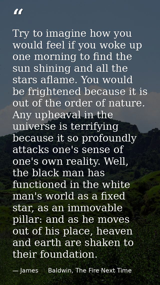 Try to imagine how you would feel if you woke up one morning to find the sun shining and all the stars aflame. You would — James     Baldwin, The Fire Next Time