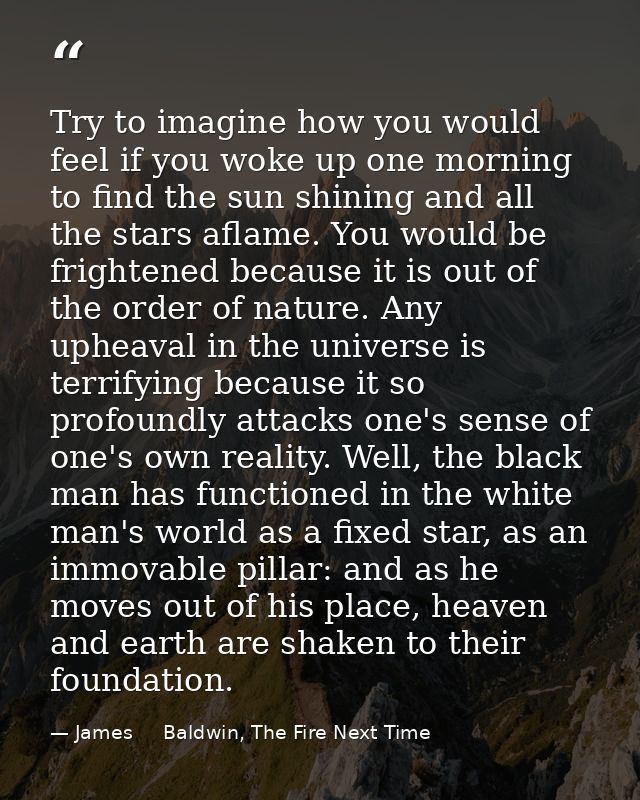 Try to imagine how you would feel if you woke up one morning to find the sun shining and all the stars aflame. You would — James     Baldwin, The Fire Next Time