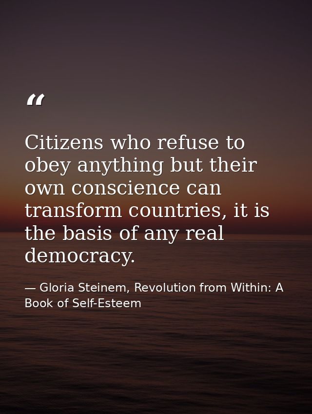 Citizens who refuse to obey anything but their own conscience can transform countries, it is the basis of any real democ — Gloria Steinem, Revolution from Within: A Book of Self-Esteem
