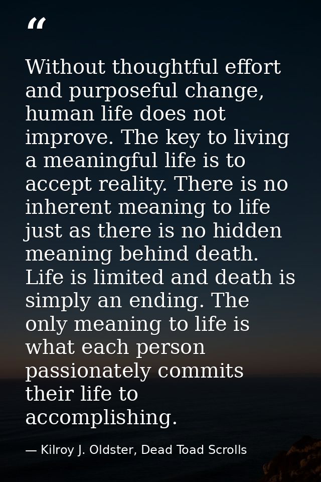 Without thoughtful effort and purposeful change, human life does not improve. The key to living a meaningful life is to  — Kilroy J. Oldster, Dead Toad Scrolls