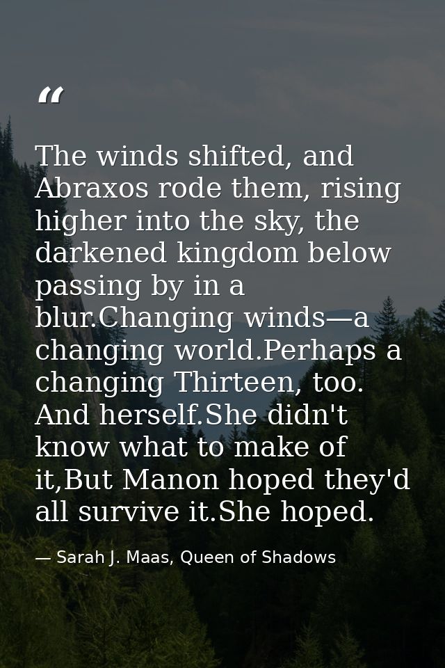 The winds shifted, and Abraxos rode them, rising higher into the sky, the darkened kingdom below passing by in a blur.Ch — Sarah J. Maas, Queen of Shadows