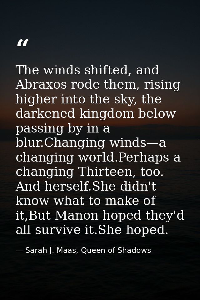 The winds shifted, and Abraxos rode them, rising higher into the sky, the darkened kingdom below passing by in a blur.Ch — Sarah J. Maas, Queen of Shadows
