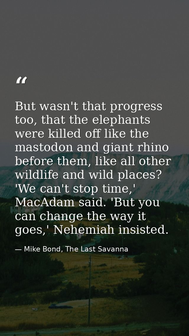 But wasn't that progress too, that the elephants were killed off like the mastodon and giant rhino before them, like all — Mike Bond, The Last Savanna