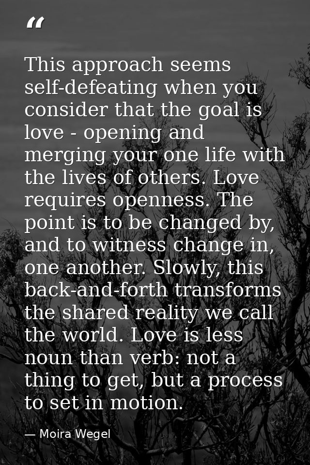 This approach seems self-defeating when you consider that the goal is love - opening and merging your one life with the  — Moira Wegel