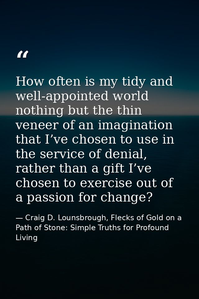 How often is my tidy and well-appointed world nothing but the thin veneer of an imagination that I’ve chosen to use in t — Craig D. Lounsbrough, Flecks of Gold on a Path of Stone: Simple Truths for Profound Living