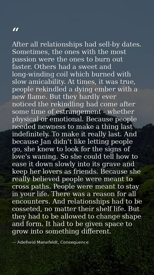 After all relationships had sell-by dates. Sometimes, the ones with the most passion were the ones to burn out faster. O — Adelheid Manefeldt, Consequence