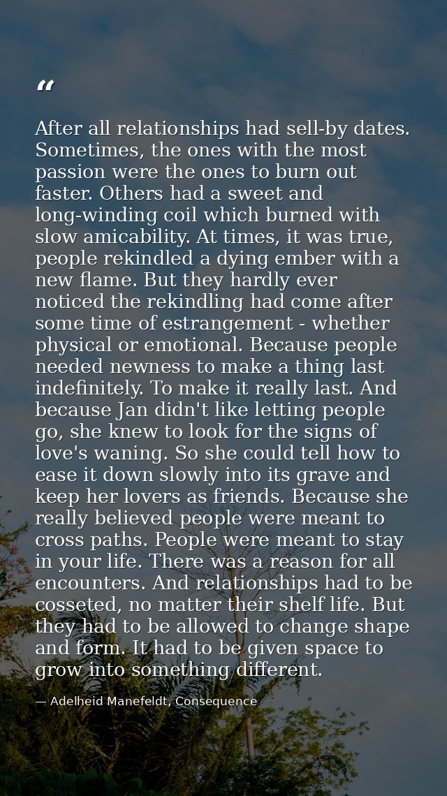 After all relationships had sell-by dates. Sometimes, the ones with the most passion were the ones to burn out faster. O — Adelheid Manefeldt, Consequence