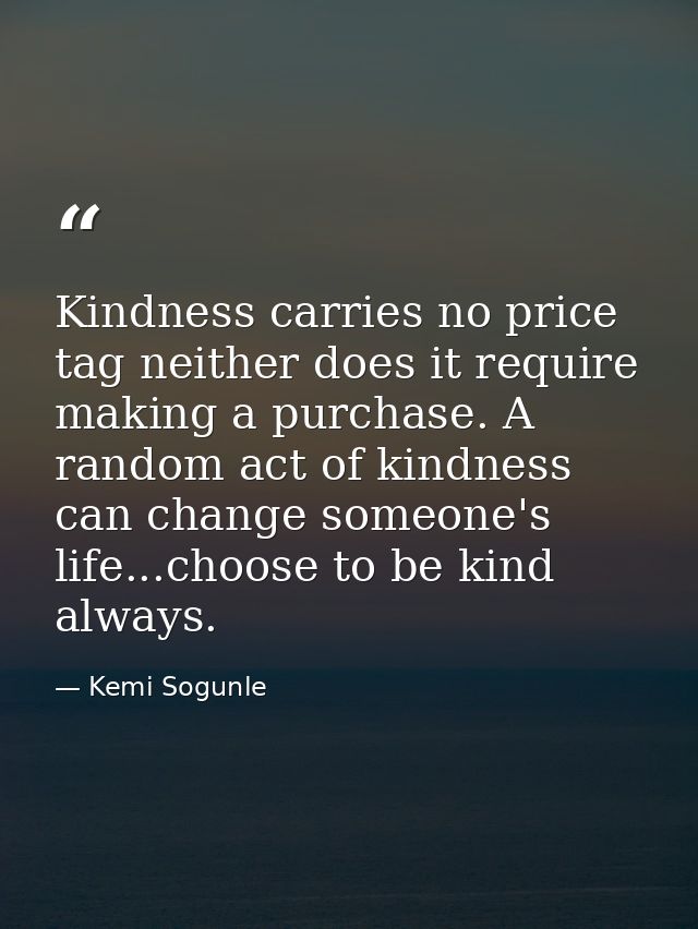 Kindness carries no price tag neither does it require making a purchase. A random act of kindness can change someone's l — Kemi Sogunle