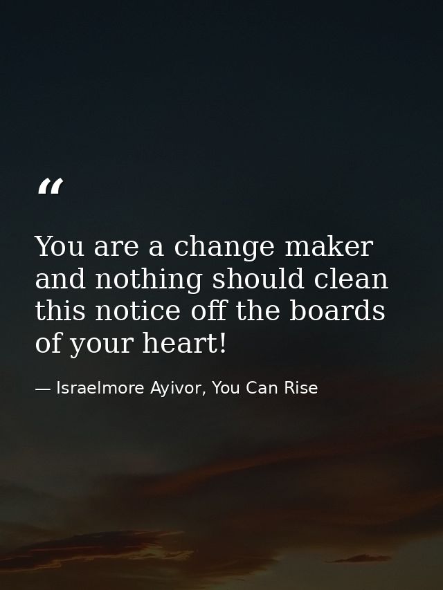 You are a change maker and nothing should clean this notice off the boards of your heart! — Israelmore Ayivor, You Can Rise