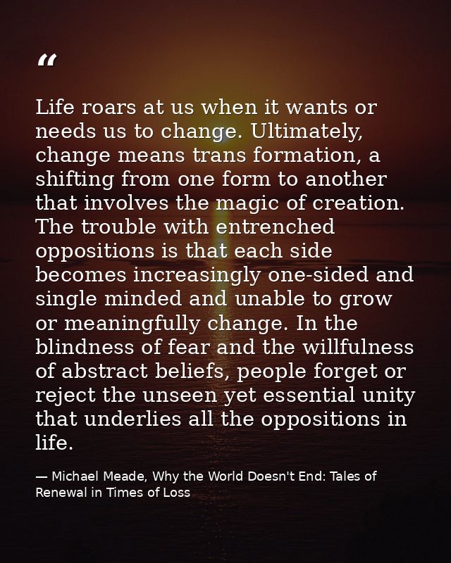 Life roars at us when it wants or needs us to change. Ultimately, change means trans formation, a shifting from one form — Michael Meade, Why the World Doesn't End: Tales of Renewal in Times of Loss