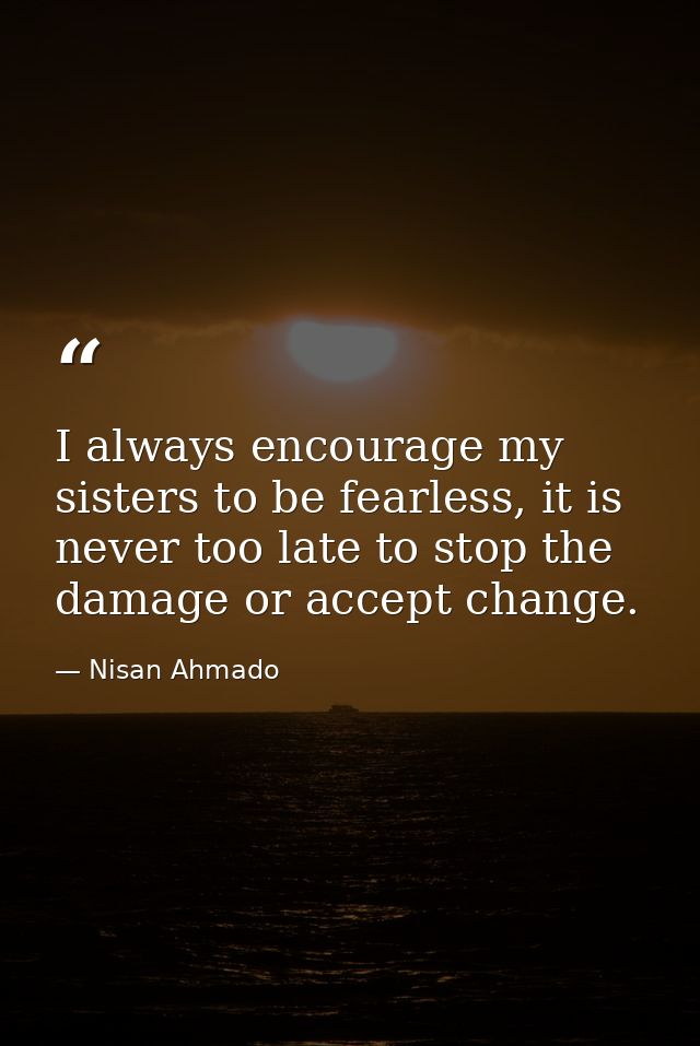 I always encourage my sisters to be fearless, it is never too late to stop the damage or accept change. — Nisan Ahmado