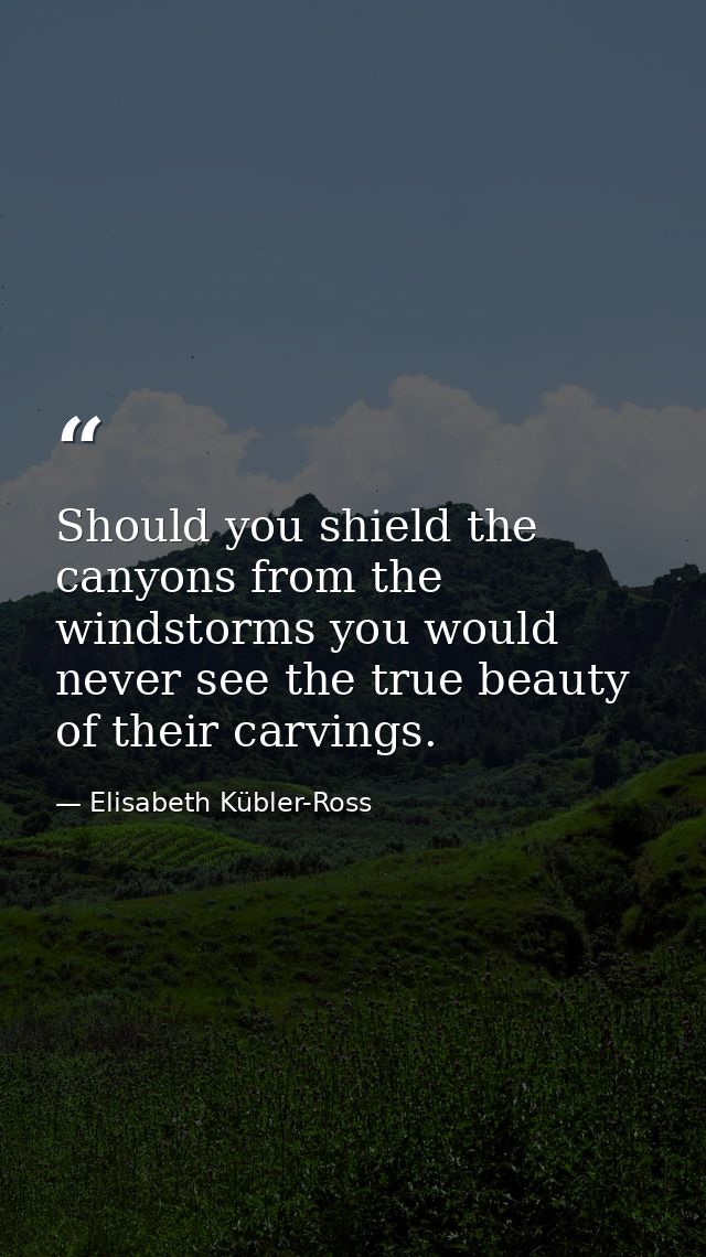 Should you shield the canyons from the windstorms you would never see the true beauty of their carvings. — Elisabeth Kübler-Ross