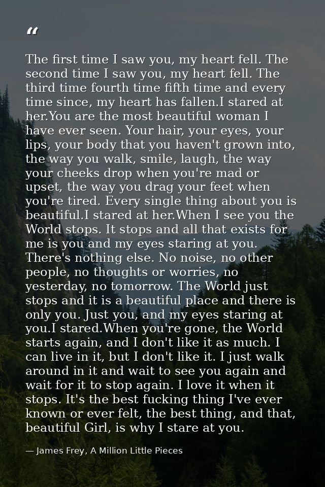 The first time I saw you, my heart fell. The second time I saw you, my heart fell. The third time fourth time fifth time — James Frey, A Million Little Pieces