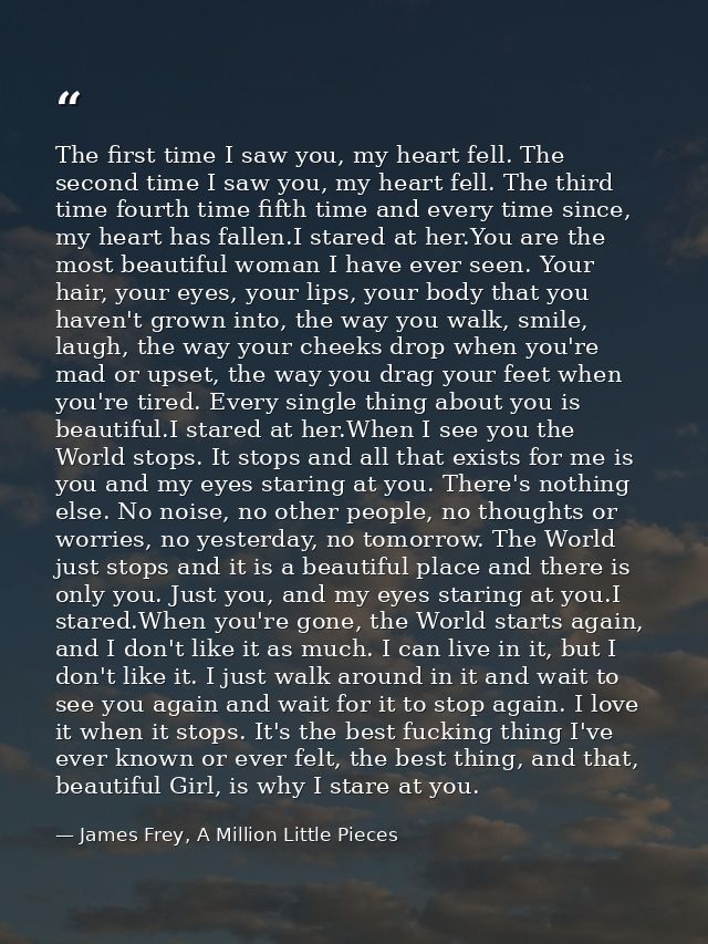 The first time I saw you, my heart fell. The second time I saw you, my heart fell. The third time fourth time fifth time — James Frey, A Million Little Pieces