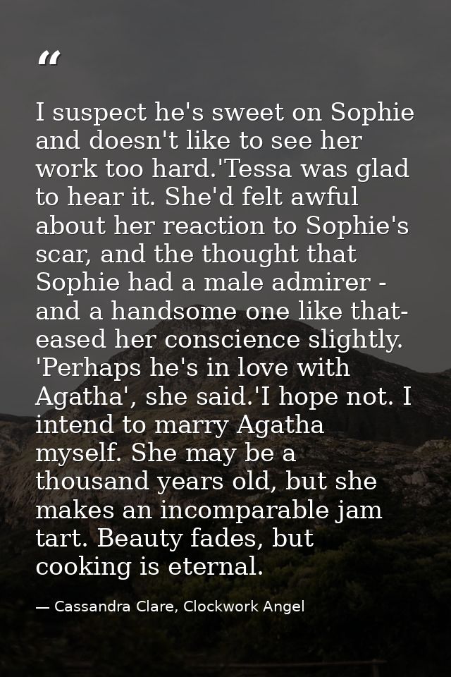 I suspect he's sweet on Sophie and doesn't like to see her work too hard.'Tessa was glad to hear it. She'd felt awful ab — Cassandra Clare, Clockwork Angel
