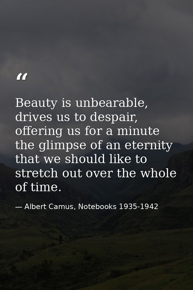 Beauty is unbearable, drives us to despair, offering us for a minute the glimpse of an eternity that we should like to s — Albert Camus, Notebooks 1935-1942