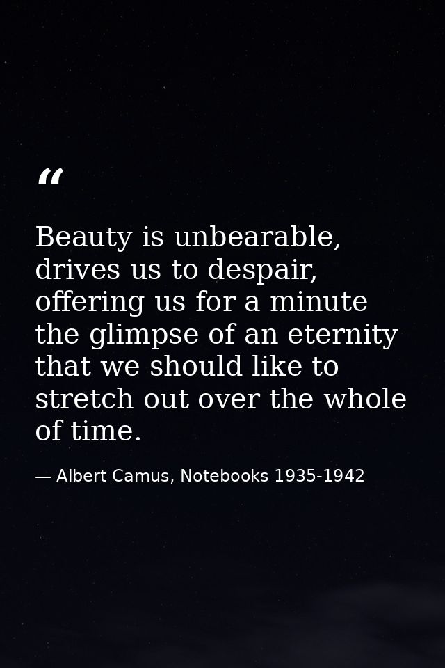 Beauty is unbearable, drives us to despair, offering us for a minute the glimpse of an eternity that we should like to s — Albert Camus, Notebooks 1935-1942