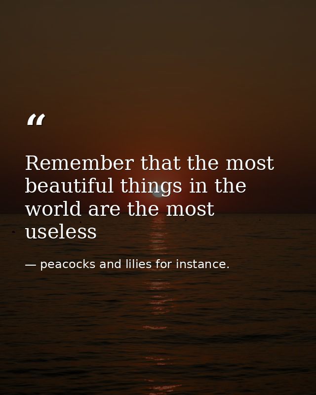Remember that the most beautiful things in the world are the most useless — peacocks and lilies for instance.