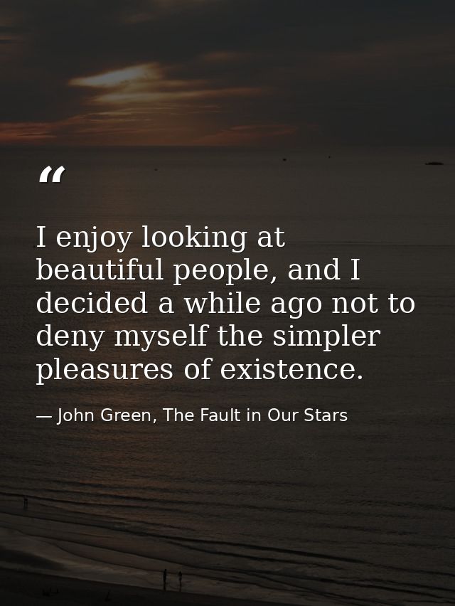 I enjoy looking at beautiful people, and I decided a while ago not to deny myself the simpler pleasures of existence. — John Green, The Fault in Our Stars