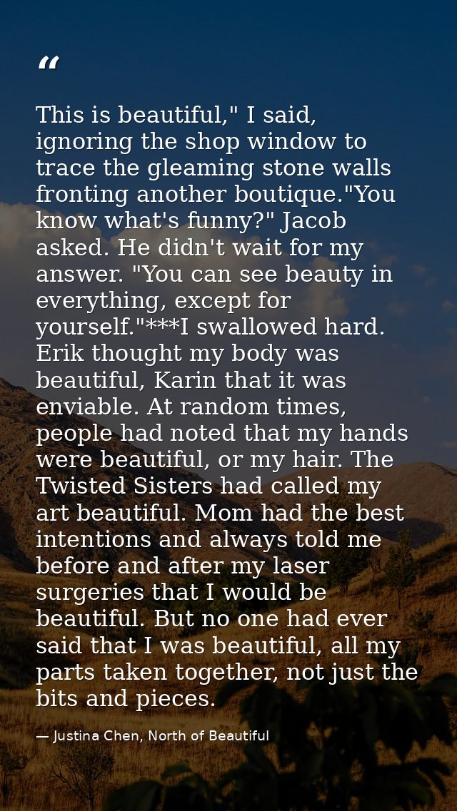 This is beautiful," I said, ignoring the shop window to trace the gleaming stone walls fronting another boutique."You kn — Justina Chen, North of Beautiful