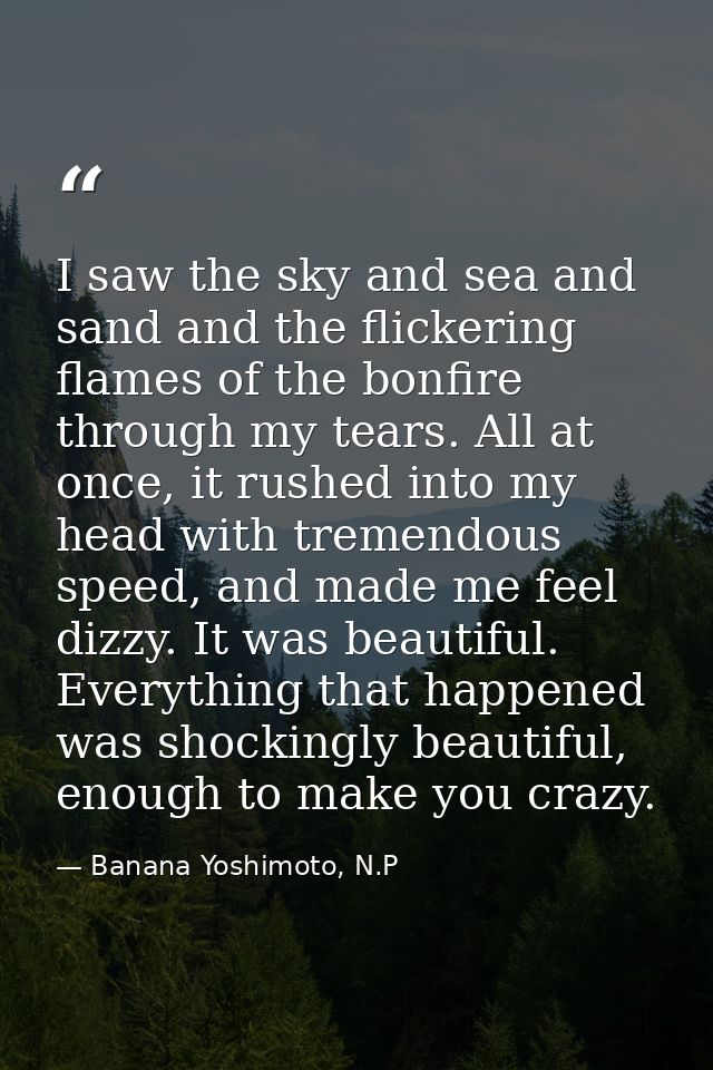 I saw the sky and sea and sand and the flickering flames of the bonfire through my tears. All at once, it rushed into my — Banana Yoshimoto, N.P