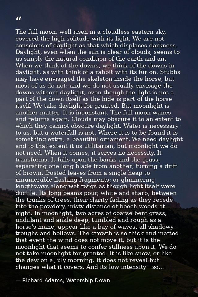 The full moon, well risen in a cloudless eastern sky, covered the high solitude with its light. We are not conscious of  — Richard Adams, Watership Down