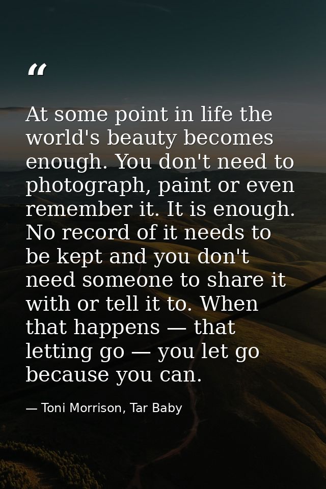 At some point in life the world's beauty becomes enough. You don't need to photograph, paint or even remember it. It is  — Toni Morrison, Tar Baby