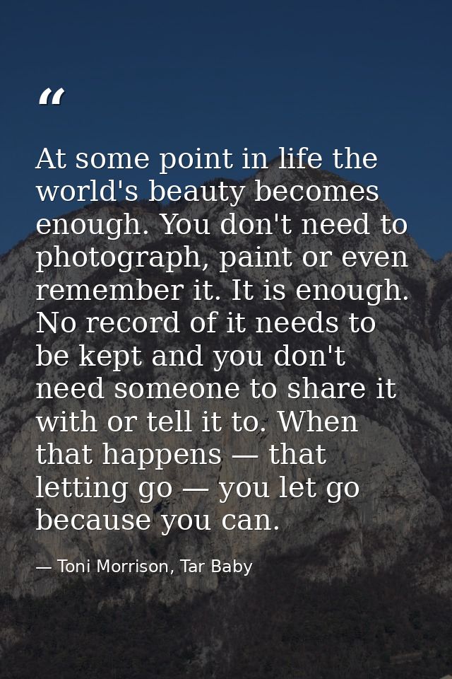 At some point in life the world's beauty becomes enough. You don't need to photograph, paint or even remember it. It is  — Toni Morrison, Tar Baby