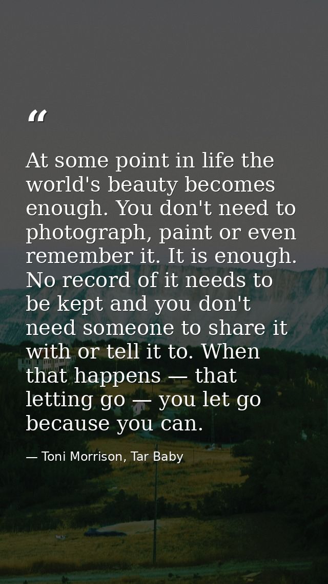 At some point in life the world's beauty becomes enough. You don't need to photograph, paint or even remember it. It is  — Toni Morrison, Tar Baby