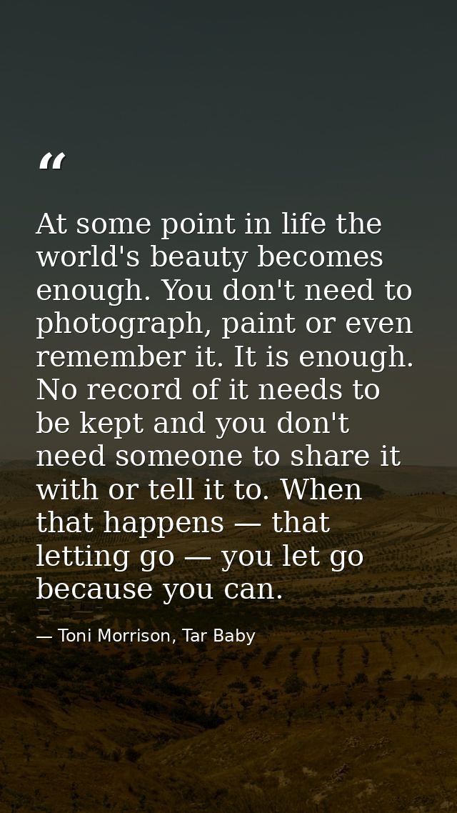 At some point in life the world's beauty becomes enough. You don't need to photograph, paint or even remember it. It is  — Toni Morrison, Tar Baby
